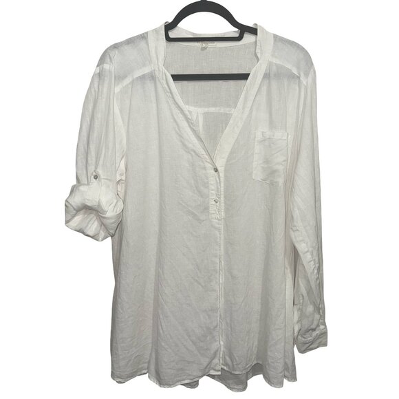 Elieen Fisher 100% Irish Linen Off White Long Sleeve Button Down Blouse Sz L - Picture 1 of 14